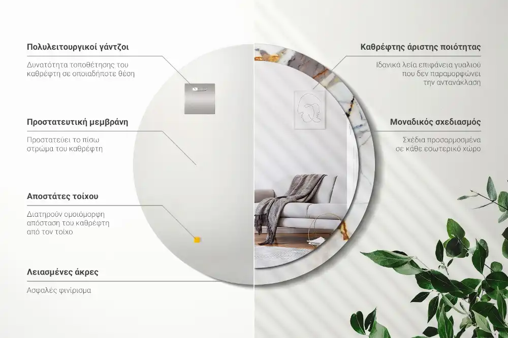 Miroir rond cadre avec impression marbrure blanche