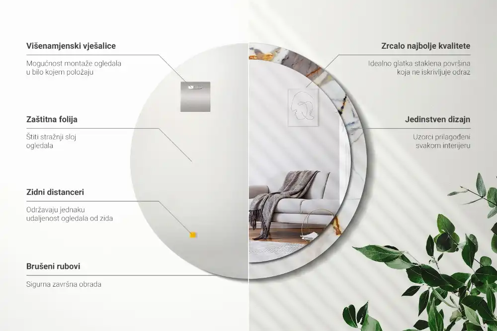 Miroir rond cadre avec impression marbrure blanche