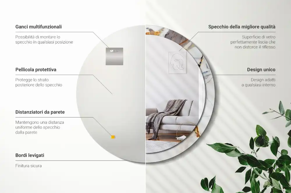 Miroir rond cadre avec impression marbrure blanche