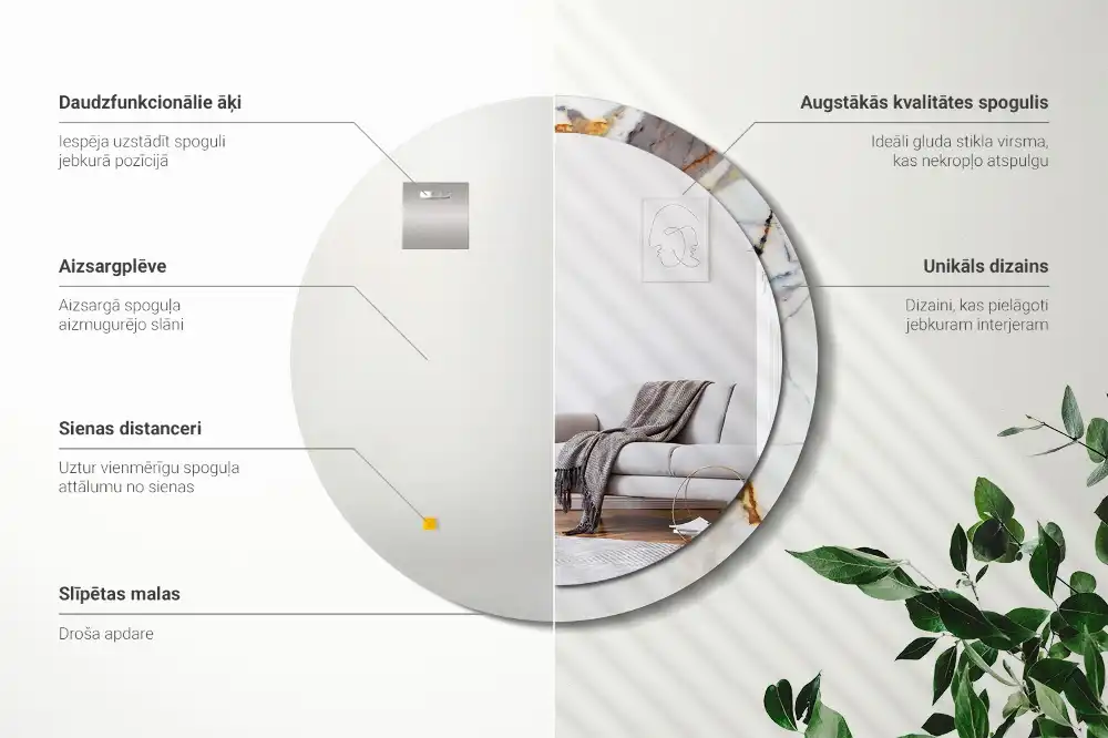 Miroir rond cadre avec impression marbrure blanche
