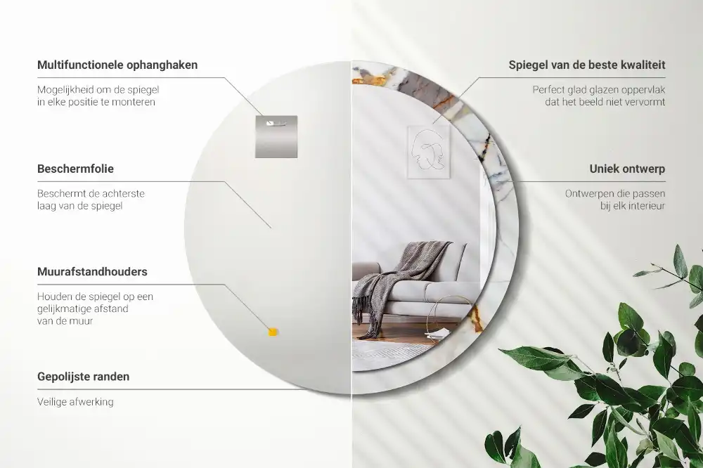 Miroir rond cadre avec impression marbrure blanche