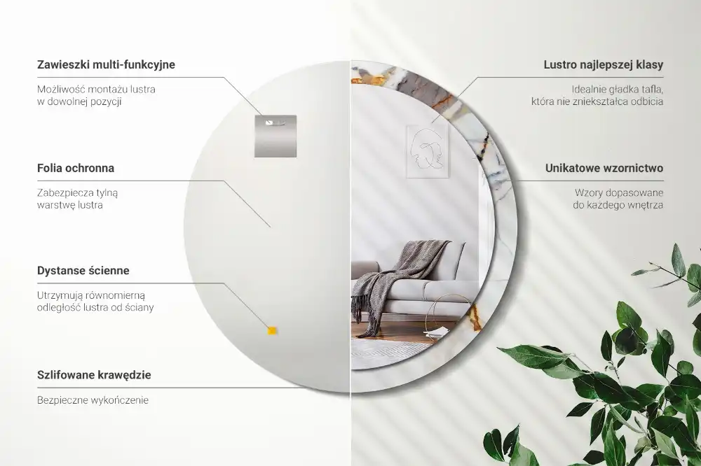 Miroir rond cadre avec impression marbrure blanche