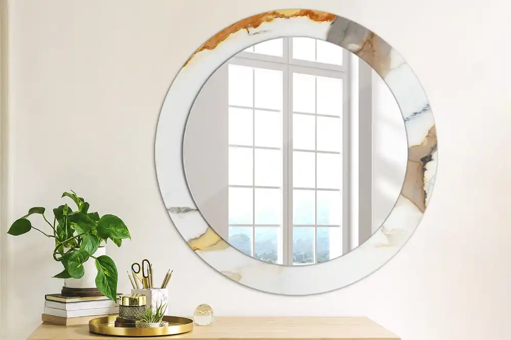 Miroir rond cadre avec impression marbrure blanche