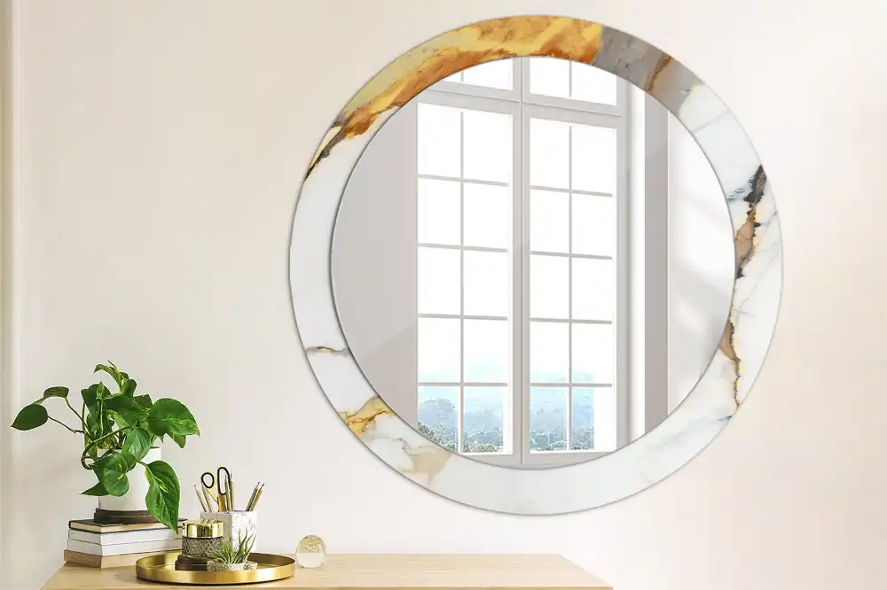 Miroir rond cadre avec impression marbrure blanche