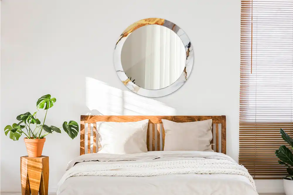 Miroir rond cadre avec impression marbrure blanche