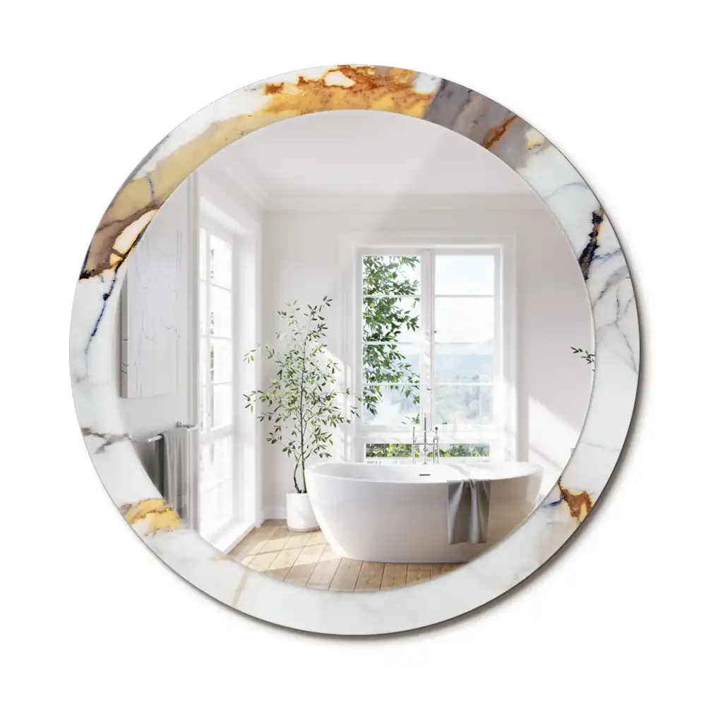 Miroir rond cadre avec impression marbrure blanche