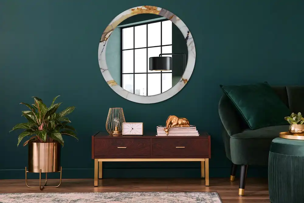 Miroir rond cadre avec impression marbrure blanche