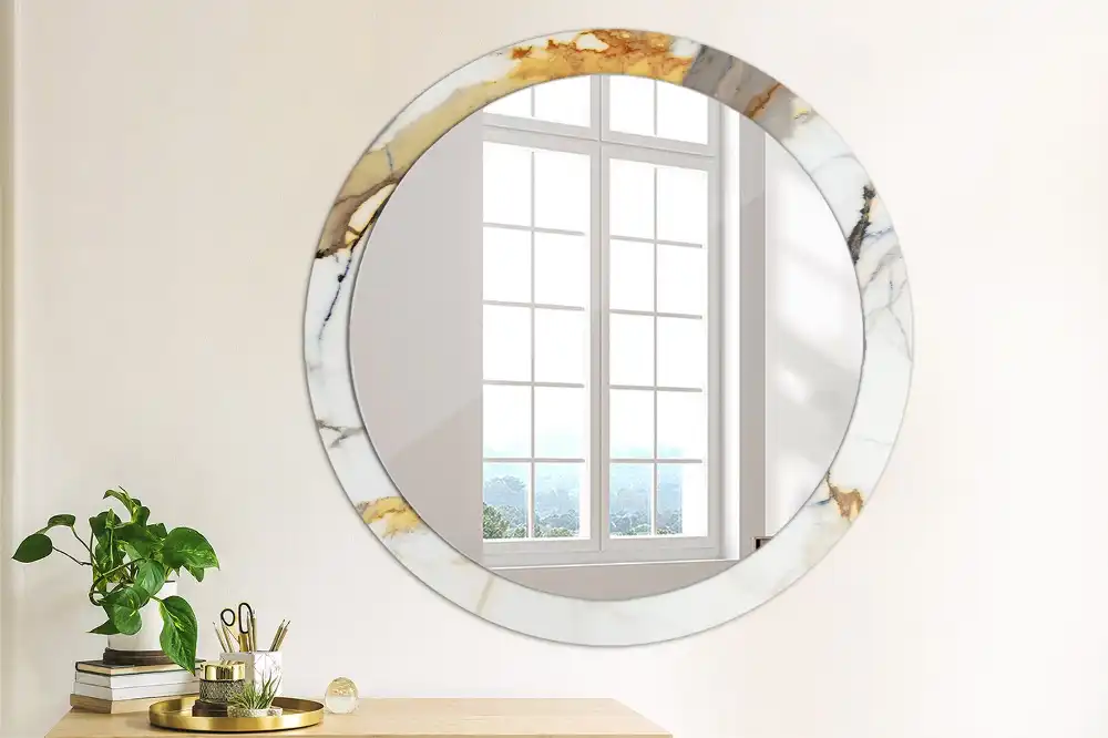 Miroir rond cadre avec impression marbrure blanche
