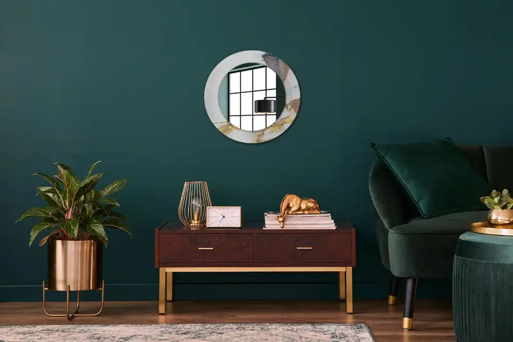 Miroir rond cadre avec impression marbrure blanche