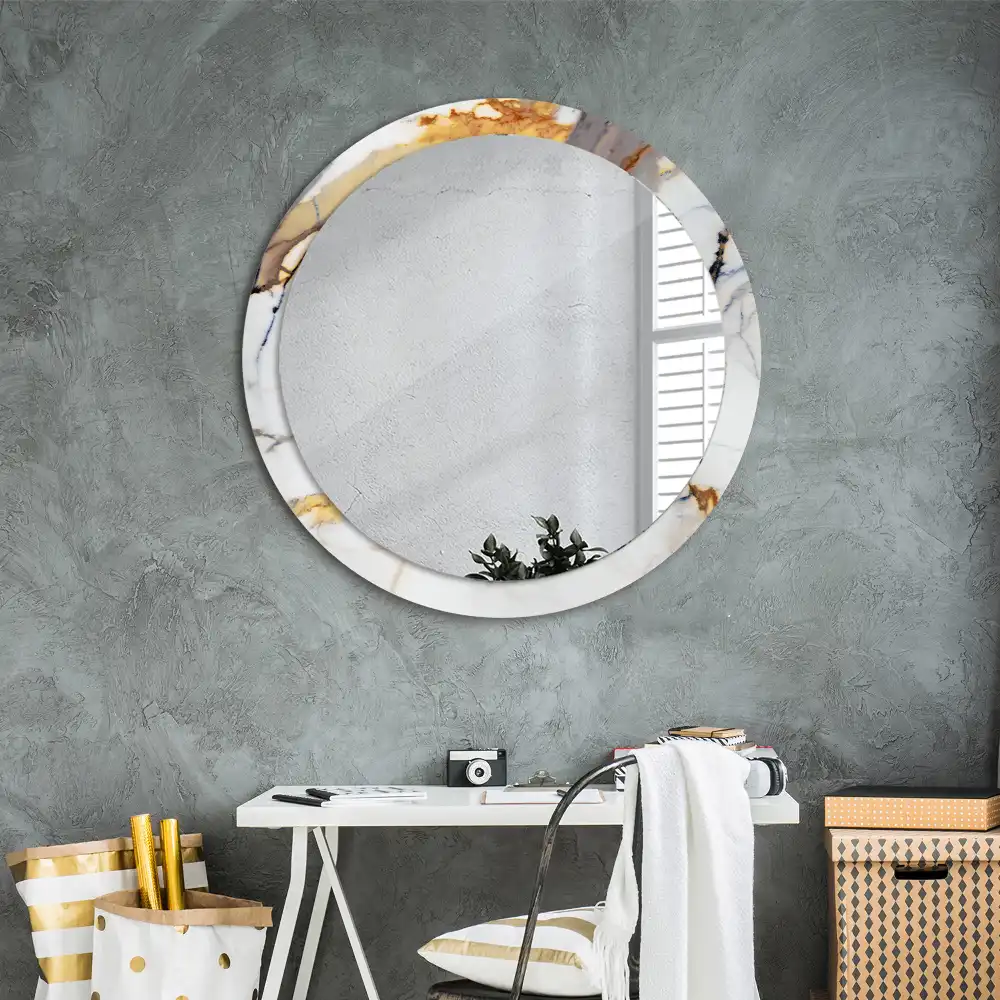 Miroir rond cadre avec impression marbrure blanche