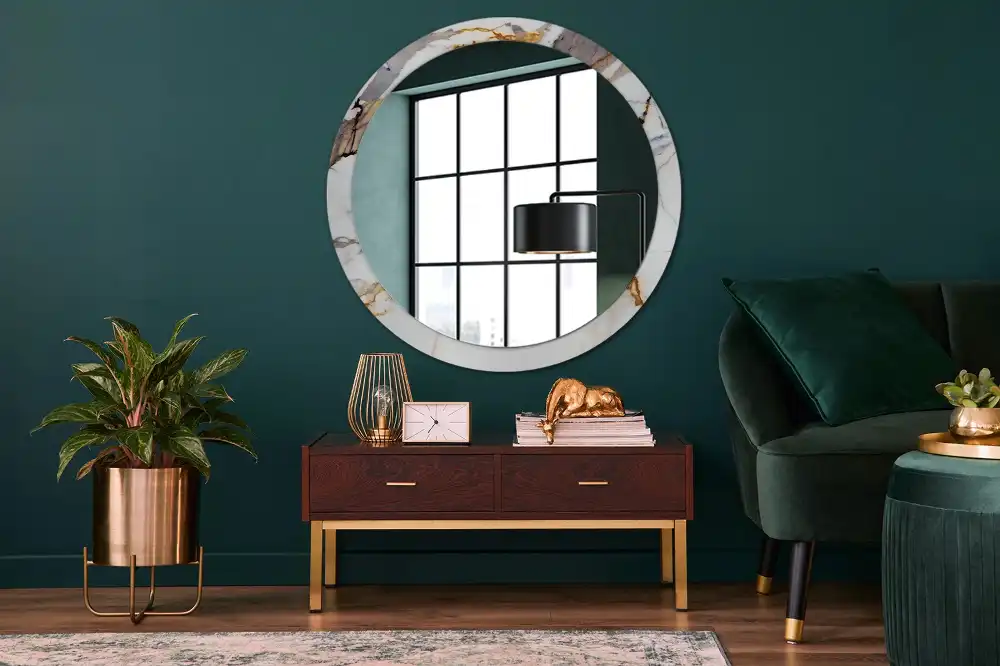 Miroir rond cadre avec impression marbrure blanche