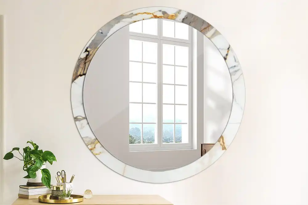 Miroir rond cadre avec impression marbrure blanche