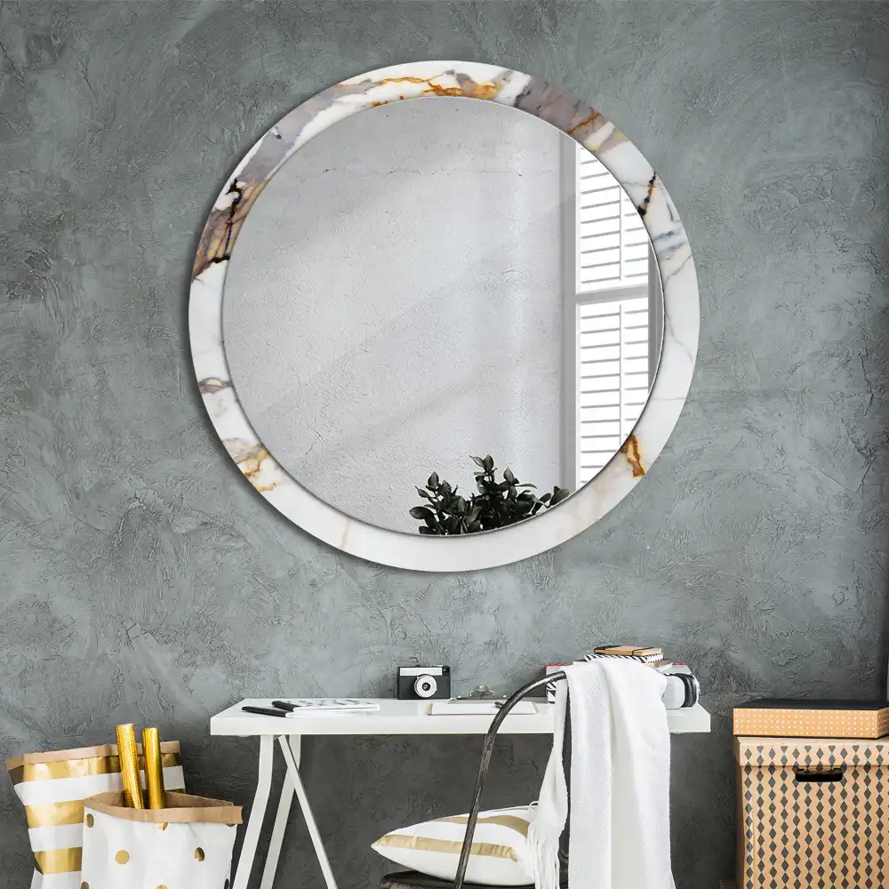 Miroir rond cadre avec impression marbrure blanche