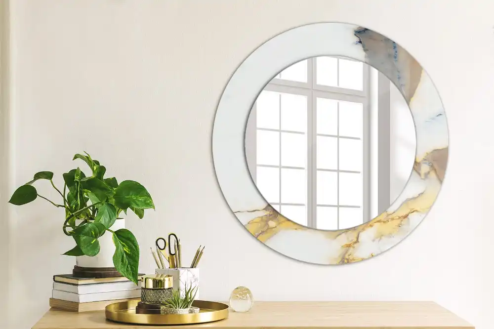 Miroir rond cadre avec impression marbrure blanche