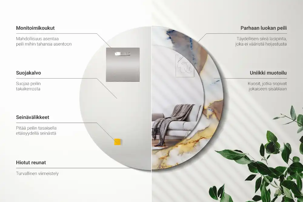 Miroir rond cadre avec impression marbrure blanche