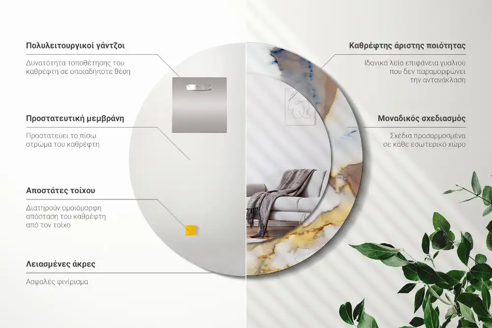 Miroir rond cadre avec impression marbrure blanche