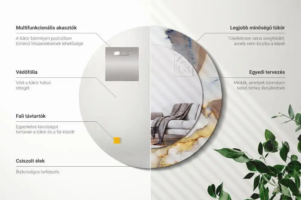 Miroir rond cadre avec impression marbrure blanche