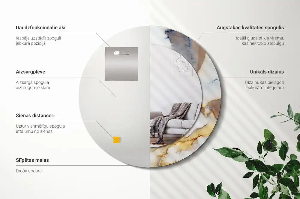 Miroir rond cadre avec impression marbrure blanche
