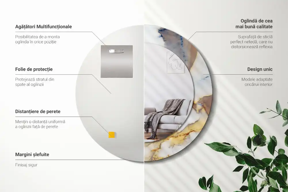 Miroir rond cadre avec impression marbrure blanche