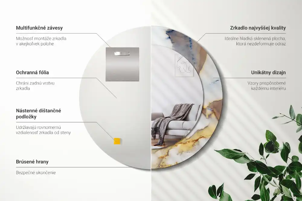 Miroir rond cadre avec impression marbrure blanche