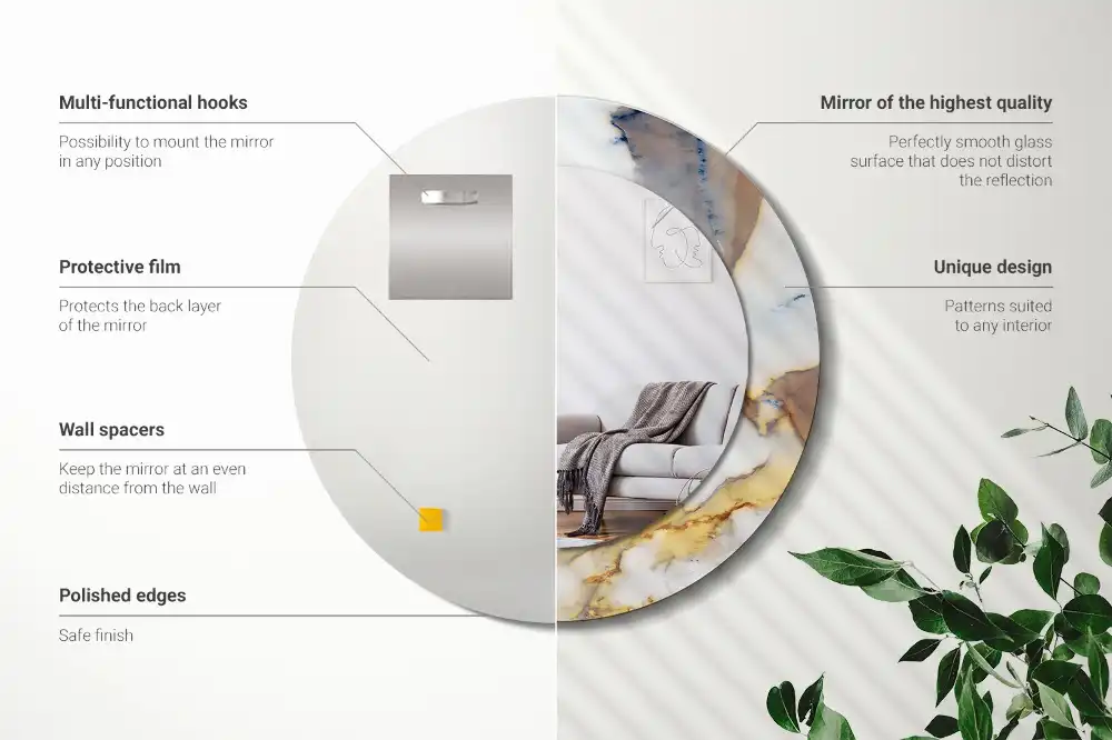 Miroir rond cadre avec impression marbrure blanche