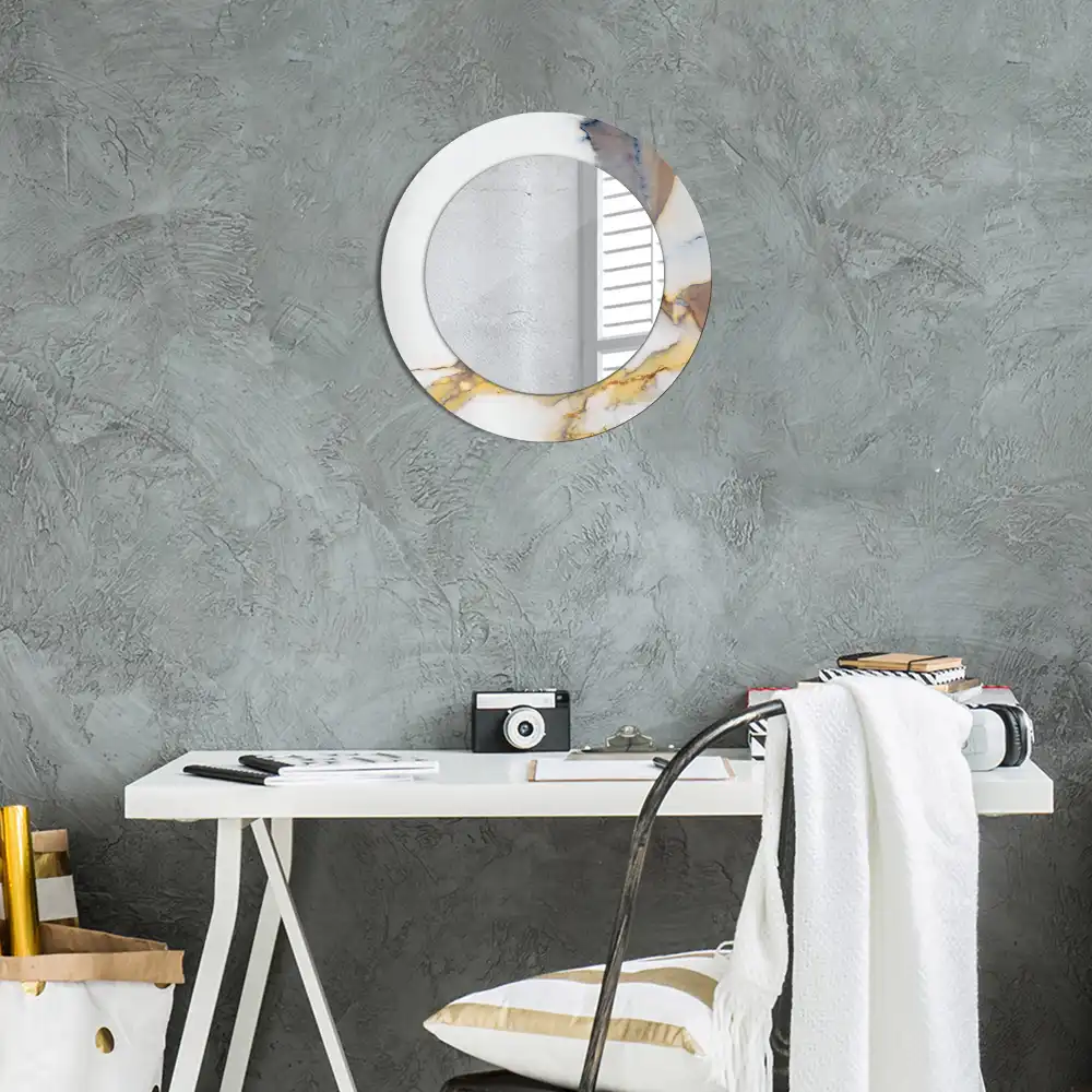 Miroir rond cadre avec impression marbrure blanche