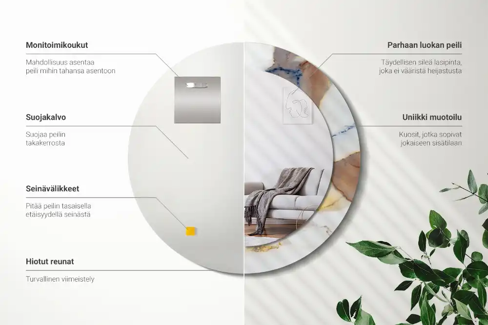 Miroir rond cadre avec impression marbrure blanche