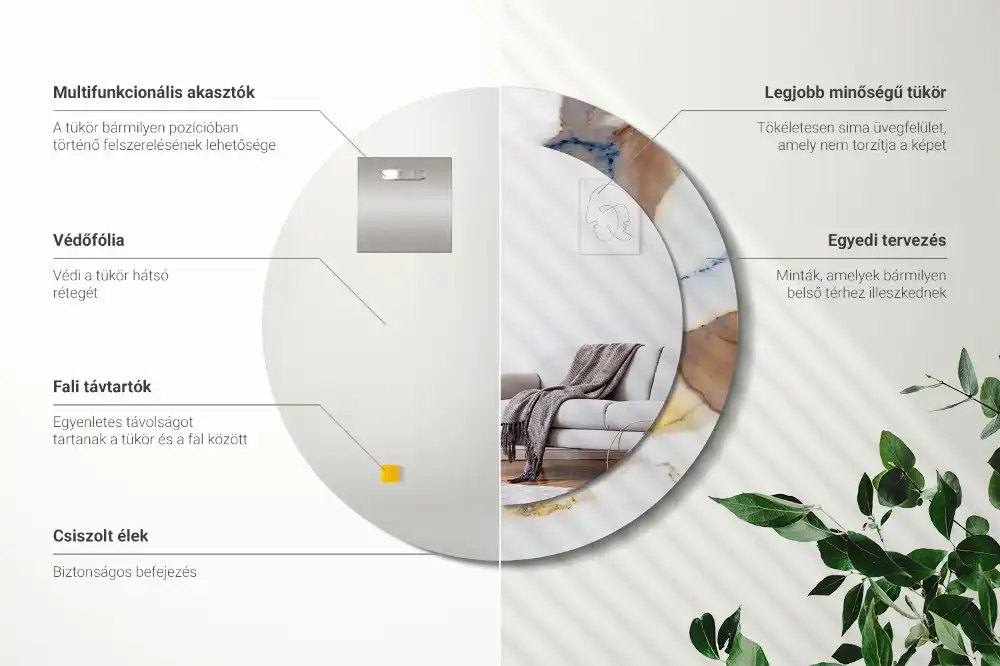 Miroir rond cadre avec impression marbrure blanche