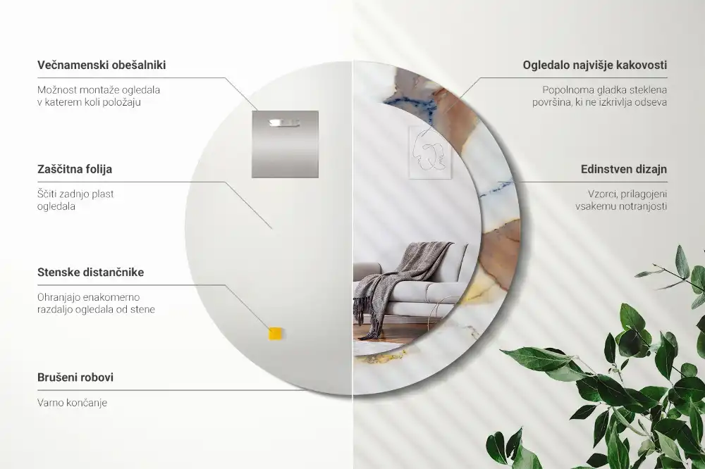 Miroir rond cadre avec impression marbrure blanche