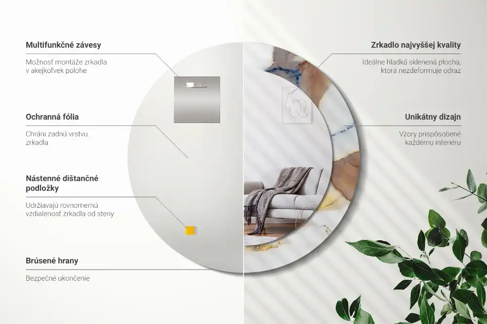 Miroir rond cadre avec impression marbrure blanche