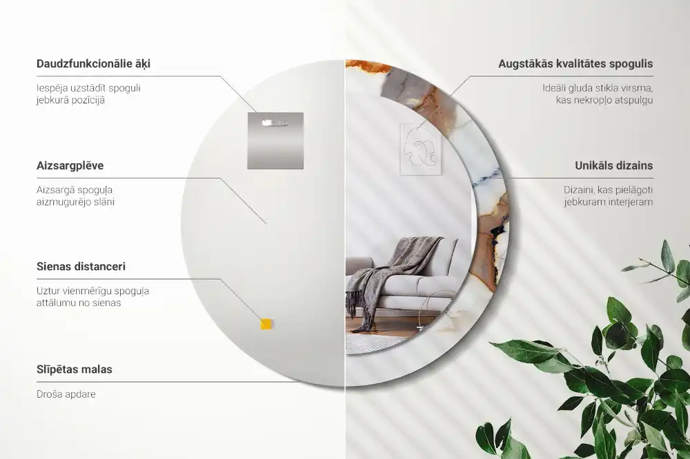 Miroir rond cadre avec impression marbrure blanche
