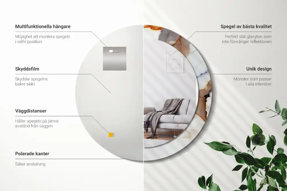 Miroir rond cadre avec impression marbrure blanche