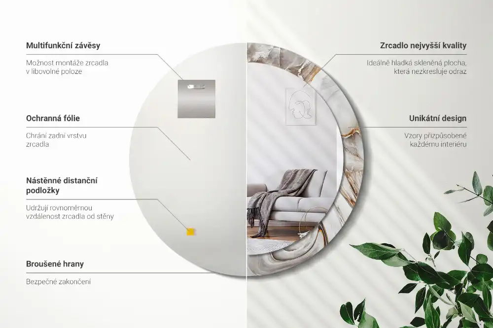 Miroir rond cadre avec impression marbre clair