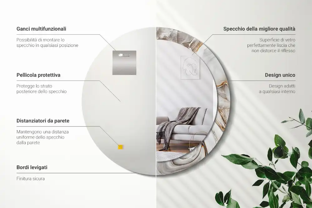 Miroir rond cadre avec impression marbre clair