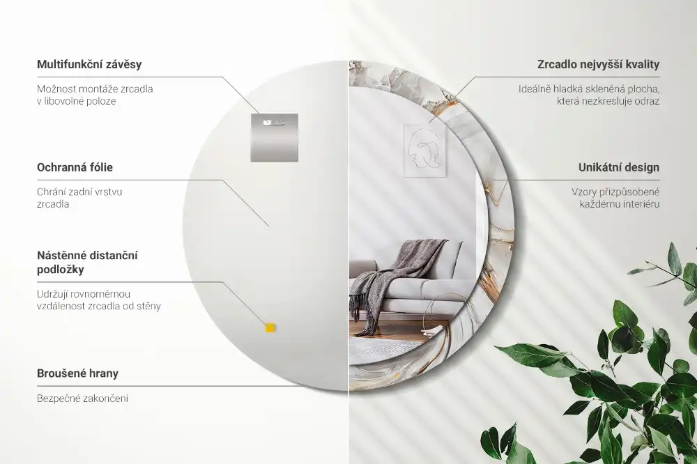 Miroir rond cadre avec impression marbre clair