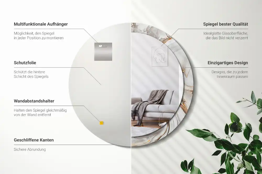 Miroir rond cadre avec impression marbre clair