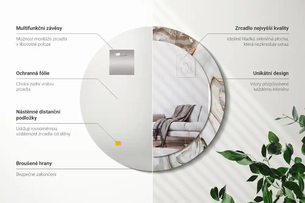 Miroir rond cadre avec impression marbre clair