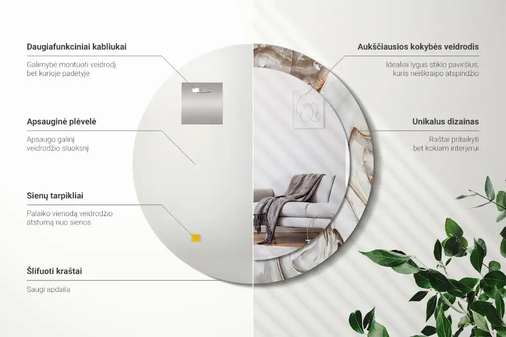 Miroir rond cadre avec impression marbre clair