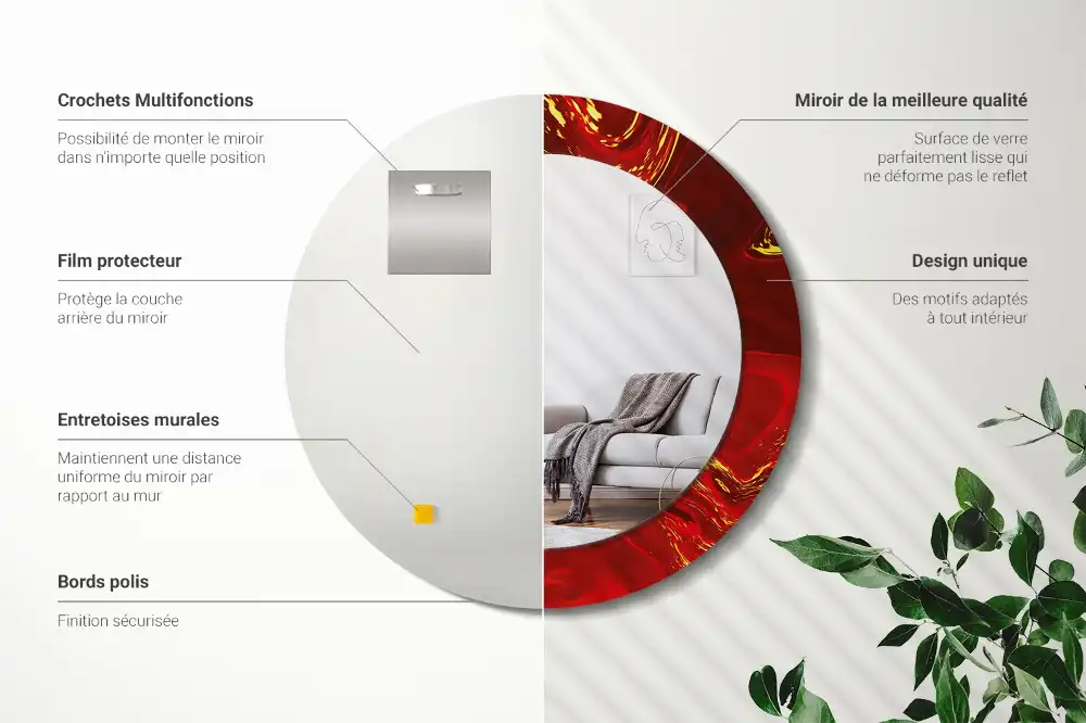 Miroir rond cadre imprimé marbre rouge