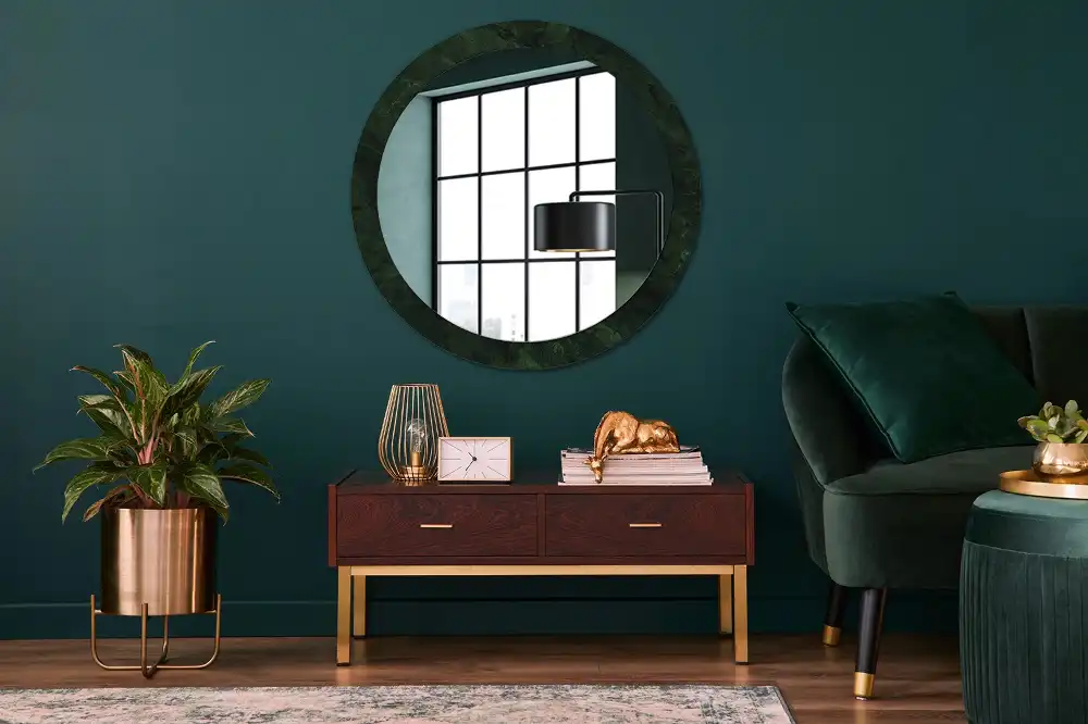 Miroir rond cadre imprimé marbrure verte