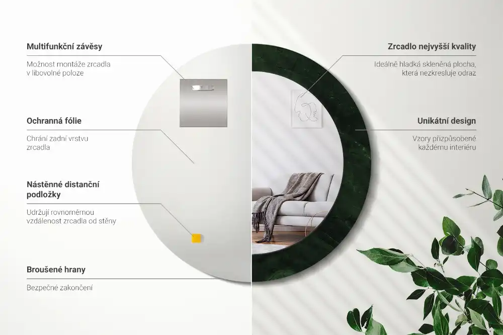Miroir rond cadre imprimé marbrure verte