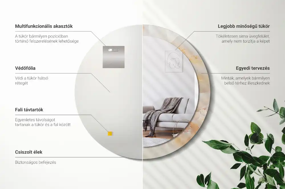 Miroir rond cadre avec impression onyx marbré