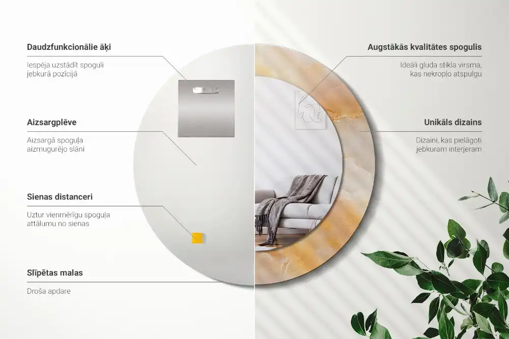 Miroir rond cadre avec impression onyx marbré
