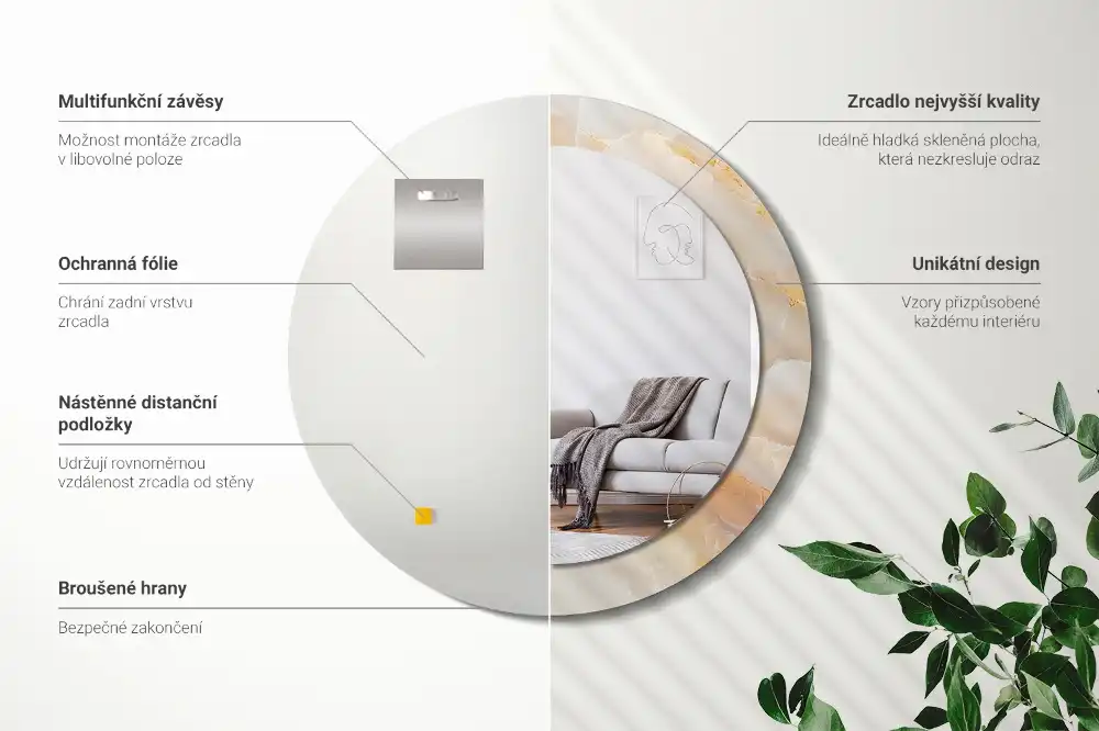 Miroir rond cadre avec impression onyx marbré