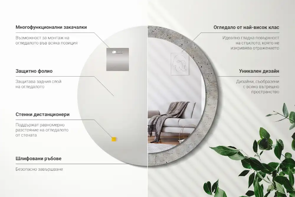 Miroir rond imprimé béton gris