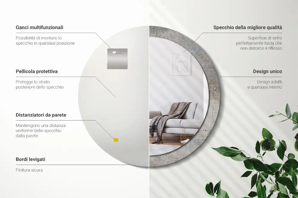 Miroir rond imprimé béton gris