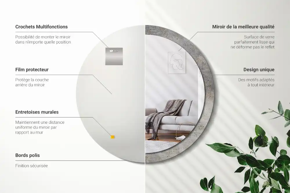 Miroir rond imprimé béton gris