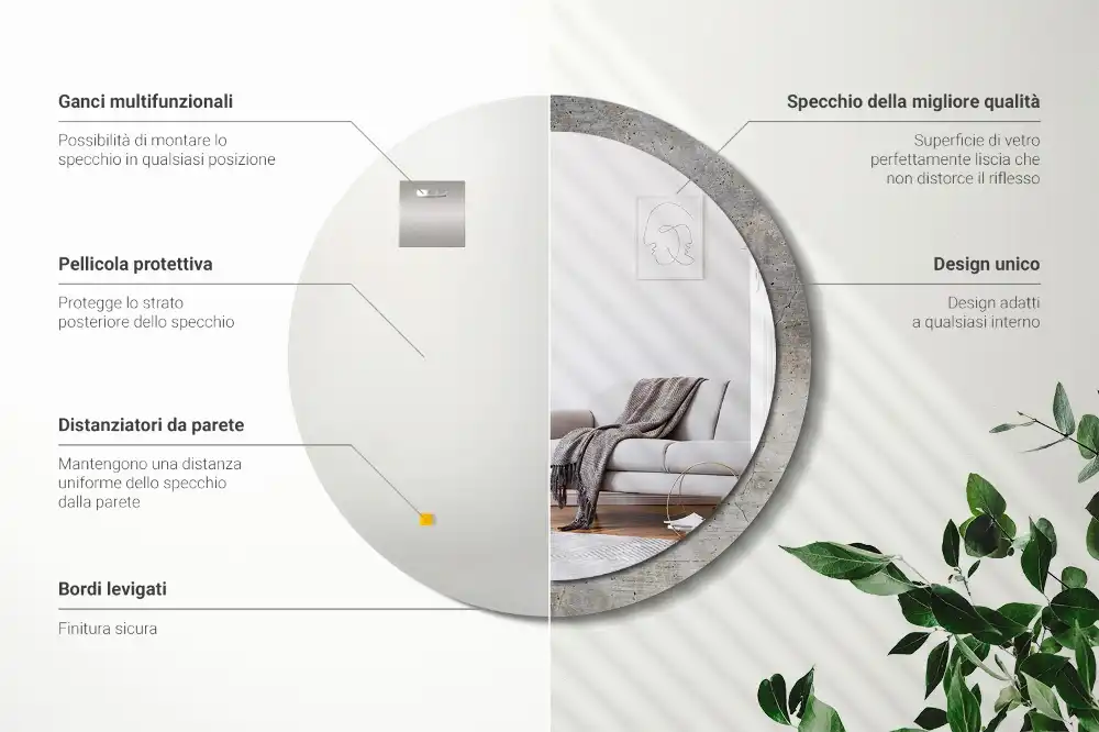 Miroir rond imprimé béton gris