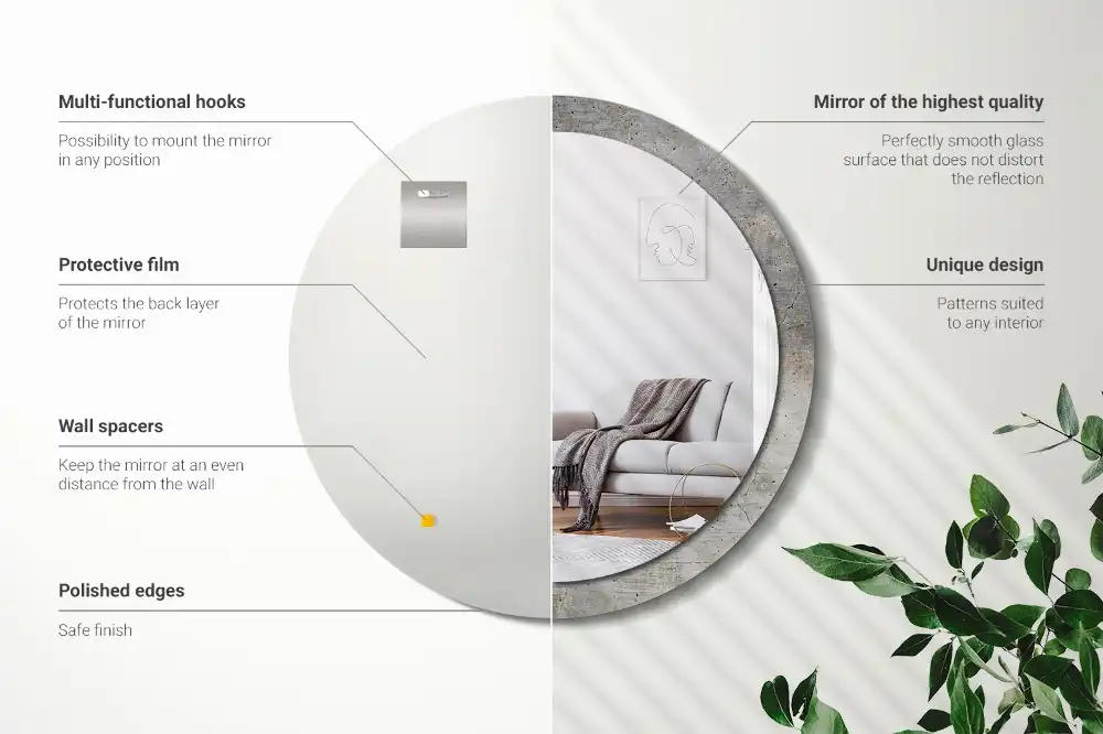 Miroir rond imprimé béton gris