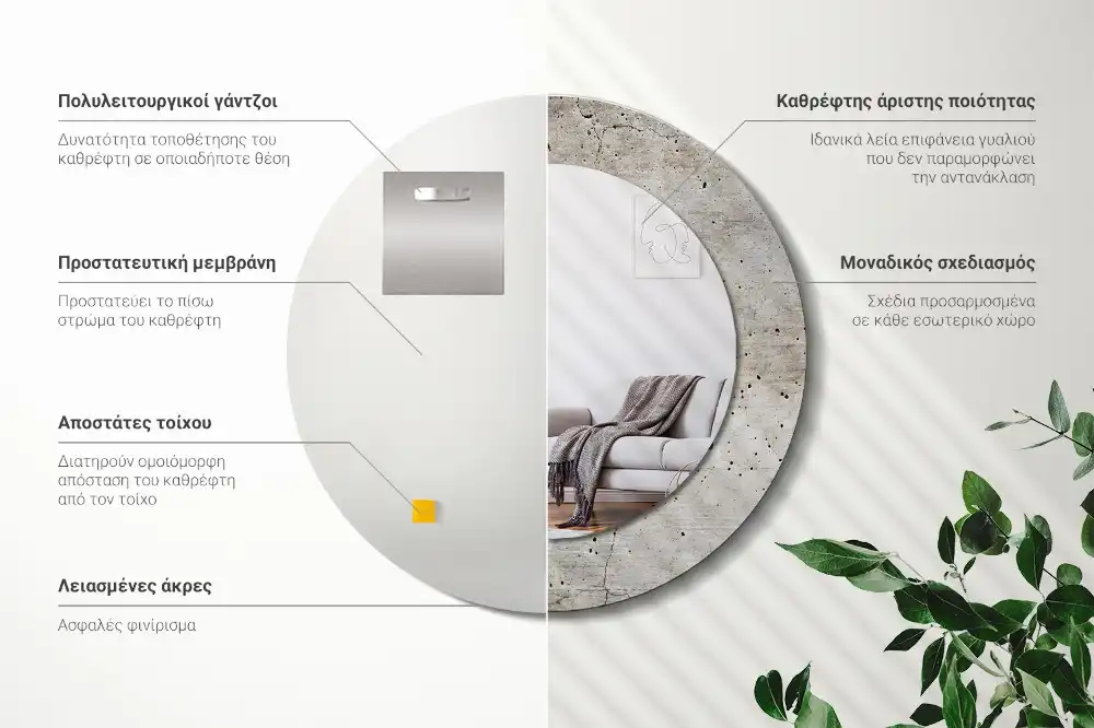Miroir rond imprimé béton gris